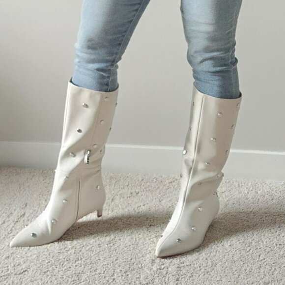 Women's White Pointed Toe Knee High Kitten Heel Mid Wide Calf Zipper Boots - Picture 3 of 4